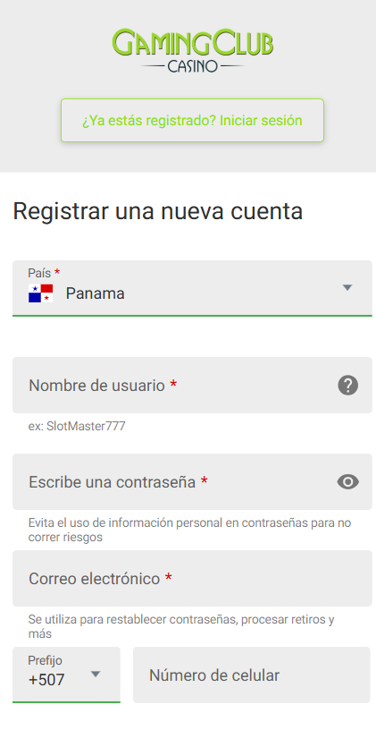 Proceso de Registro en Gaming Club Casino Panamá