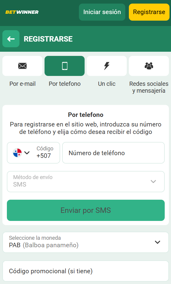Registro en BetWinner Panamá